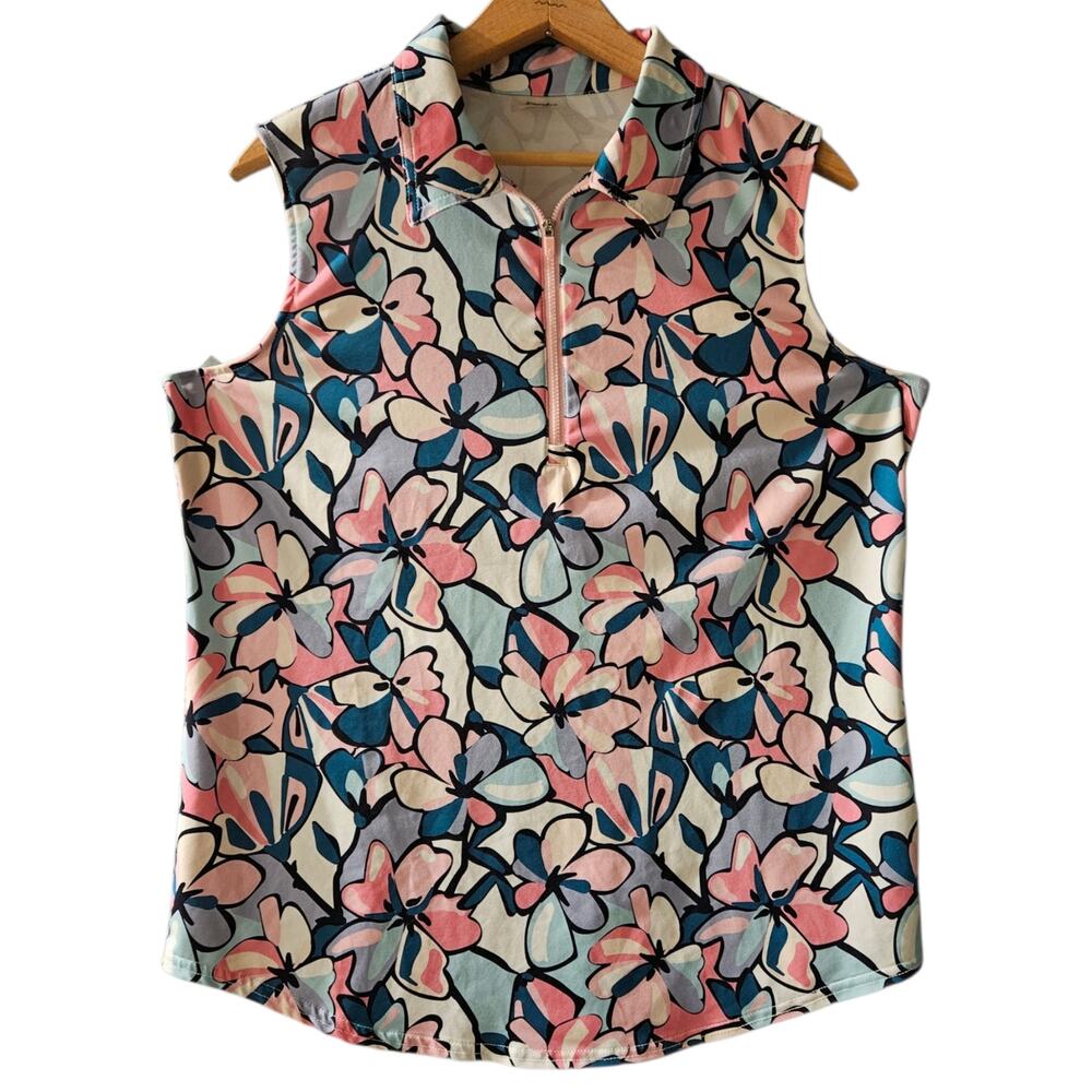 Women's Jofit Sleeveless Polo Golf Collared Shirt Floral Print Blue Pink White L
